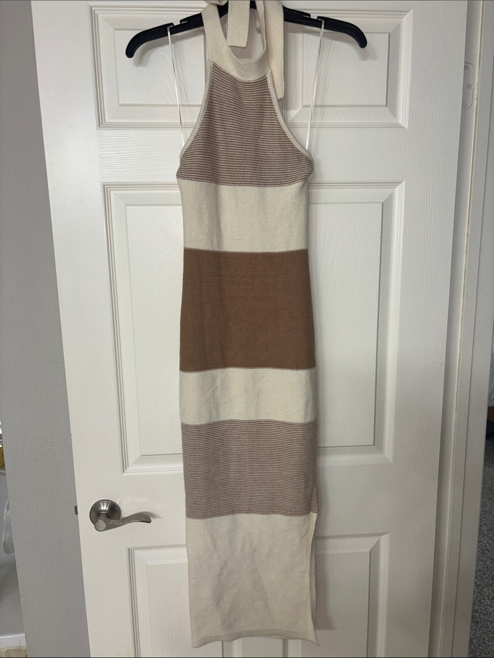 Hello Molly XS Halter Neutral Knit Stripe Slit Midi Dress - Cream & Brown